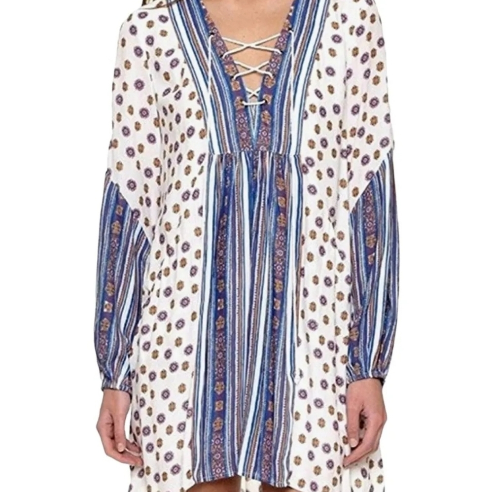 Free People Rain Shine Geometric Medallion Striped Lace-Up White Swing Dress XS